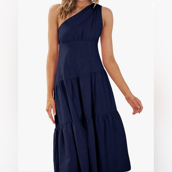Navy Blue One Shoulder Midi Dress - Picture 1 of 4